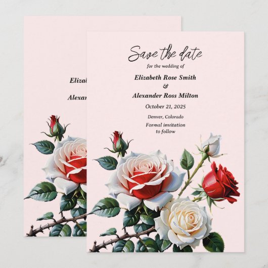 Pretty pink white red roses floral wedding save the date (Voorkant / Achterkant)