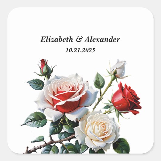 Pretty pink white red roses floral wedding vierkante sticker (Voorkant)