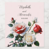 Pretty pink white red roses floral wedding wijn etiket (Enkel label)