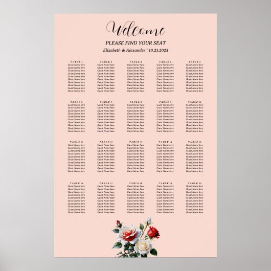 Pretty pink white red roses seating chart poster (Voorkant)