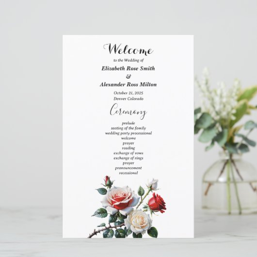 Pretty pink white red roses wedding program (Staand voorkant)