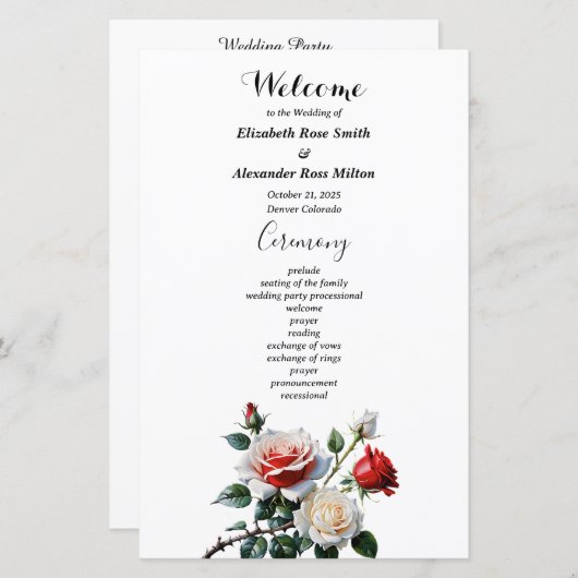Pretty pink white red roses wedding program (Voorkant / Achterkant)