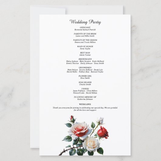 Pretty pink white red roses wedding program (Achterkant)