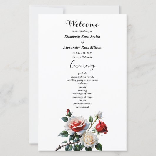 Pretty pink white red roses wedding program (Voorkant)