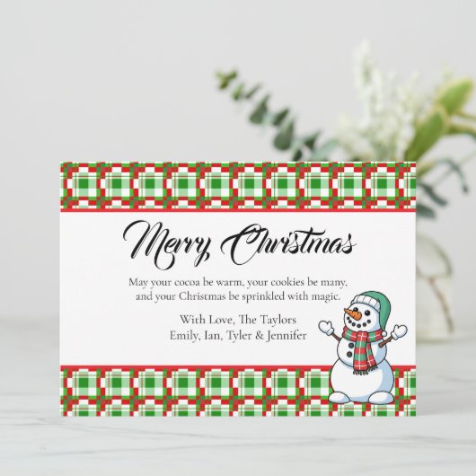 Pretty Plaid Snowman Photo Template Christmas Feestdagenkaart (Staand voorkant)