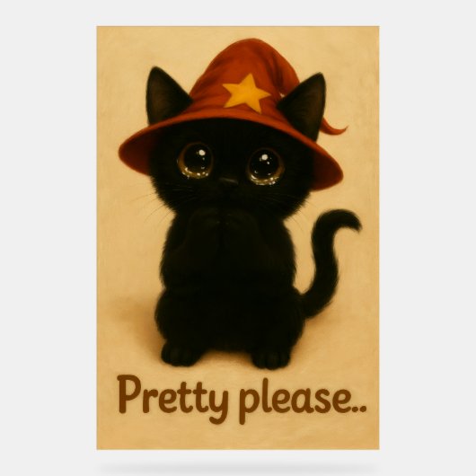 Pretty Please – Cute Black Cat with Wizard Hat Acryl Bord (Voorkant)