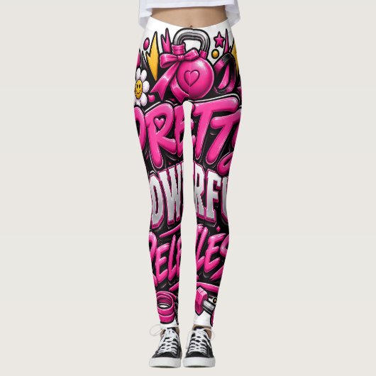 Pretty Powerful Relentless Roze Gym Quote Ontwerp Leggings (Voorkant)