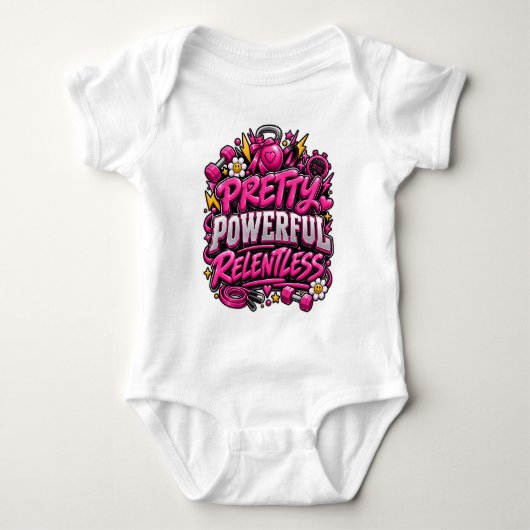 Pretty Powerful Relentless Roze Gym Quote Ontwerp Romper (Voorkant)