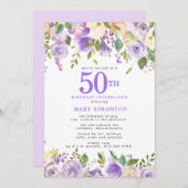 Pretty Purple Floral 50th Birthday Party Kaart (Voorkant / Achterkant)