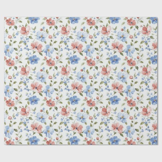 Pretty Red Blue Flowers Birthday Cadeaupapier (Vlak)
