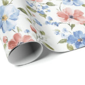 Pretty Red Blue Flowers Birthday Cadeaupapier (Rol Hoek)
