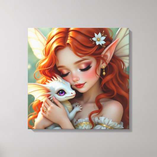 Pretty Red Haired Fairy with Dragon Canvas Afdruk (Voorkant)