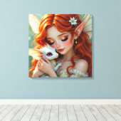 Pretty Red Haired Fairy with Dragon Canvas Afdruk (Insitu (Houten vloer))