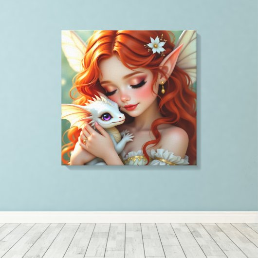 Pretty Red Haired Fairy with Dragon Canvas Afdruk (Insitu (Houten vloer))