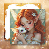 Pretty Red Haired Fairy with Dragon Kaart