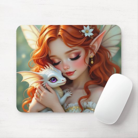 Pretty Red Haired Fairy with Dragon  Muismat (Met muis)