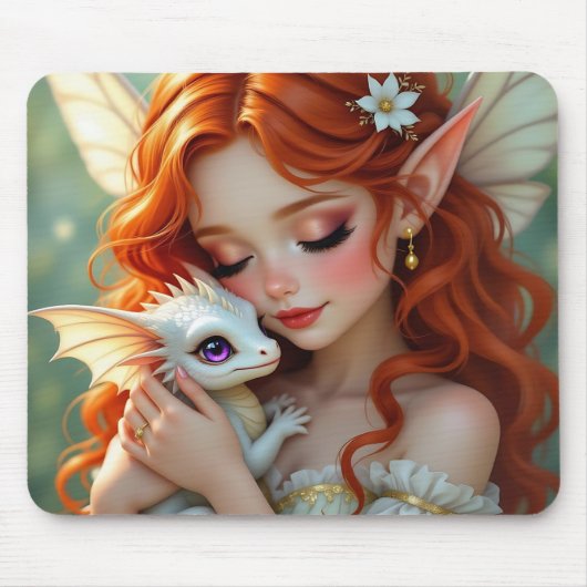 Pretty Red Haired Fairy with Dragon Muismat (Voorkant)