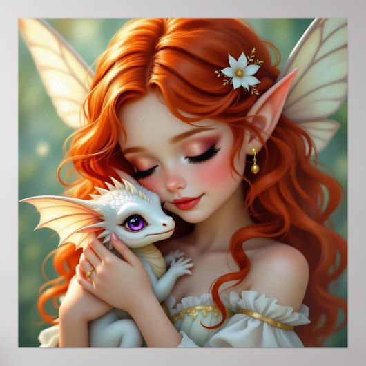 Pretty Red Haired Fairy with Dragon Poster (Voorkant)