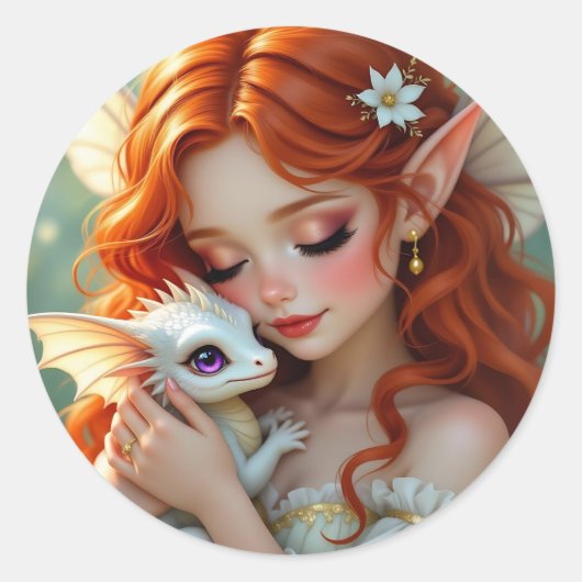 Pretty Red Haired Fairy with Dragon  Ronde Sticker (Voorkant)