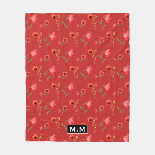 Pretty Red Poppies Pattern Monogram Fleece Deken (Voorkant)