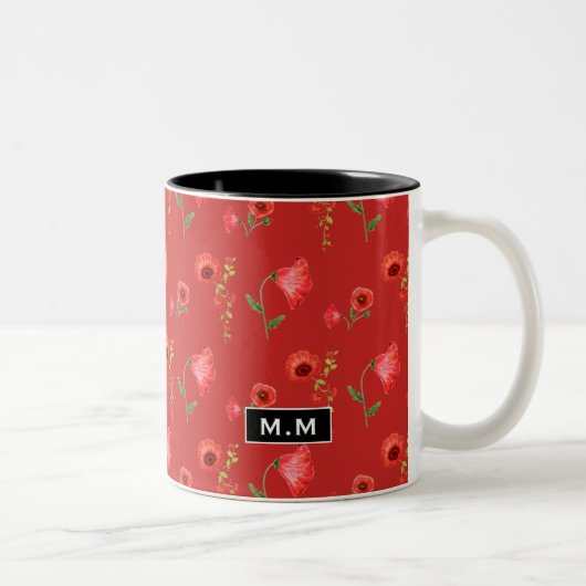 Pretty Red Poppies Pattern Monogram Tweekleurige Koffiemok (Rechts)
