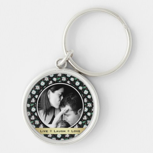 Pretty Retro Bloem Zwart Patroon Foto Sleutelhanger (Voorkant)