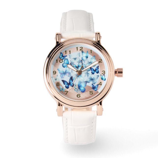 Pretty Rose Gold Look Blue Butterfly eWatch Watch Horloge (Voorkant)