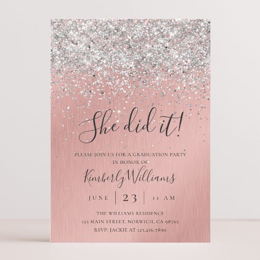 Pretty Rose Gold Silver Glitter Sparkly Graduation Kaart