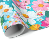 Pretty Roze en Blauwe Retro Bloemen Cadeaupapier (Rol Hoek)