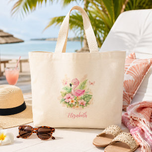 Pretty Roze Flamingo Tropische Bloemen Grote Tote Bag