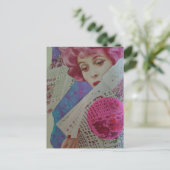Pretty Roze Haar Retro Dame Mixed Media Collage Briefkaart (Staand voorkant)