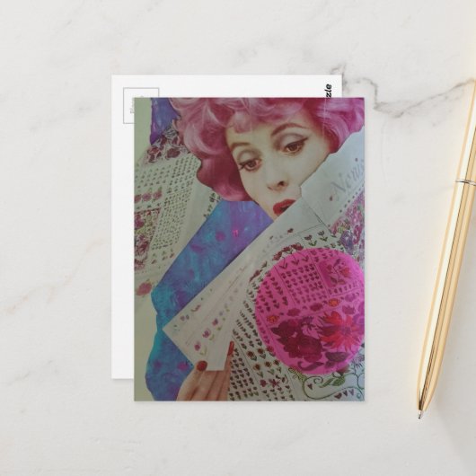 Pretty Roze Haar Retro Dame Mixed Media Collage Briefkaart (Voorkant / Achterkant in situ)
