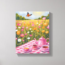 Pretty Roze Picknick | Bloemenveld Thee Vlinder Canvas Afdruk