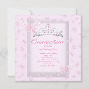 Pretty Roze Quinceanera Feest Tiara Vlinders Kaart