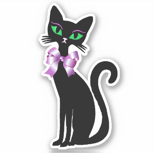 Pretty Slender Black Cat Green Eyes Pink Bow Sticker (Voorkant)