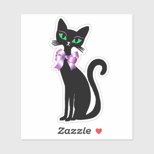 Pretty Slender Black Cat Green Eyes Pink Bow Sticker (Vel)