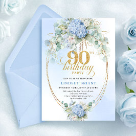 Pretty Soft Blue Hydrangea Gold 90th Birthday Card Kaart