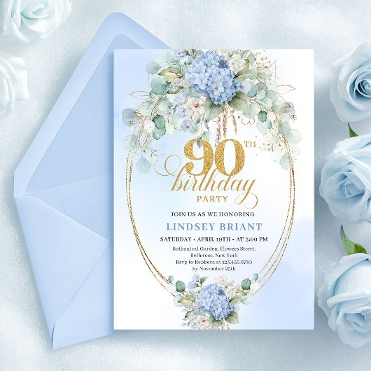 Pretty Soft Blue Hydrangea Gold 90th Birthday Card Kaart