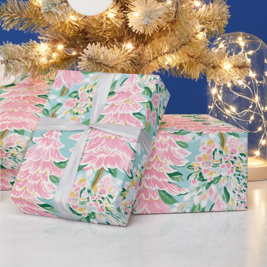Pretty Soft Pastel Pink & Teal Pine Trees Holiday  Cadeaupapier (Feestdagen)