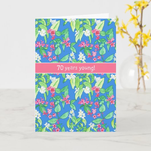Pretty Spring Blossoms on Blue 70th Birthday Kaart (Gele Bloem)
