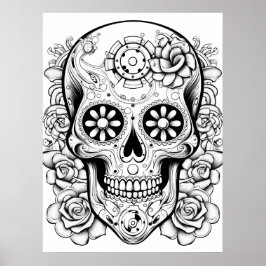 Pretty Sugar Skull Afbeelding Zwart + Wit Kunst aa Poster