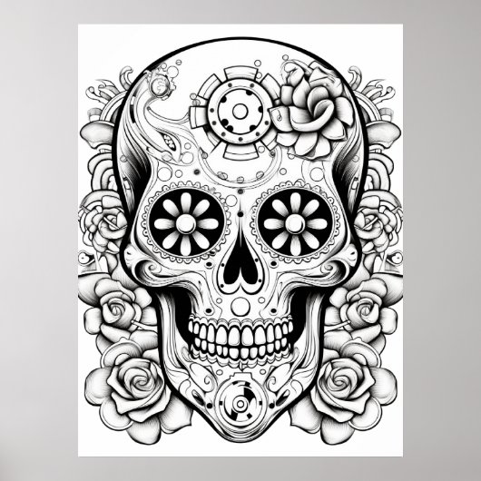 Pretty Sugar Skull Afbeelding Zwart + Wit Kunst aa Poster (Voorkant)