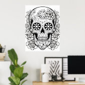 Pretty Sugar Skull Afbeelding Zwart + Wit Kunst aa Poster (Thuiskantoor)
