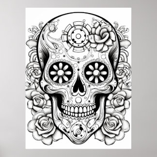 Pretty Sugar Skull Image Black + White Art on Wall Poster