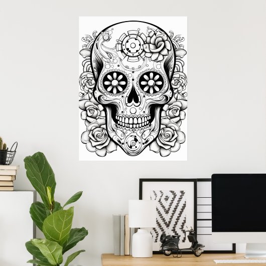 Pretty Sugar Skull Image Black + White Art on Wall Poster (Thuiskantoor)
