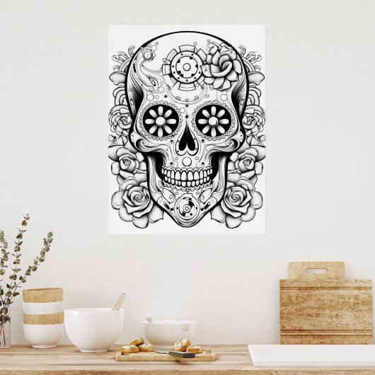 Pretty Sugar Skull Image Black + White Art on Wall Poster (Keuken)