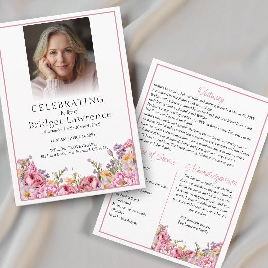 Pretty Summer Pink Peony Memorial Service Funeral Programmakaart