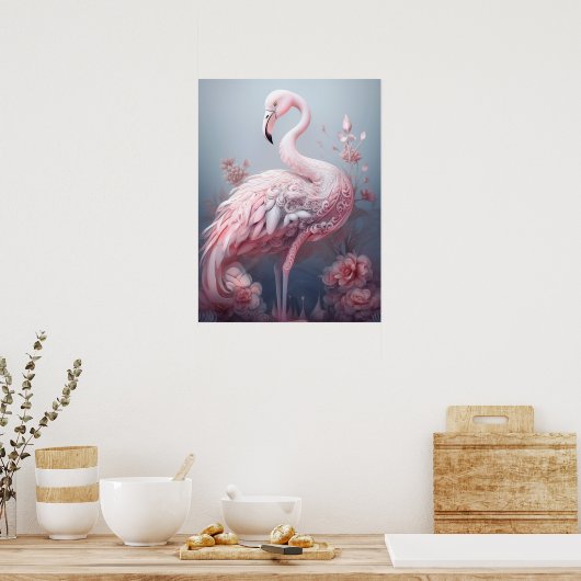 Pretty Surreal Abstract Roze Flamingo op Grijs Poster (Keuken)