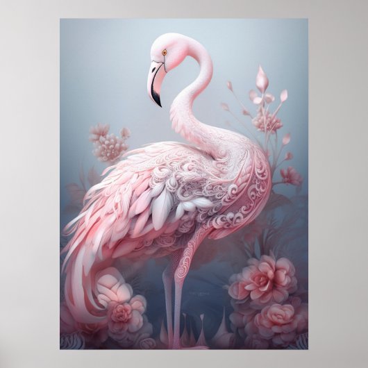Pretty Surreal Abstract Roze Flamingo op Grijs Poster (Voorkant)