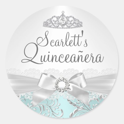 Pretty Tiara & Bow Teal Quinceanera Sticker (Voorkant)